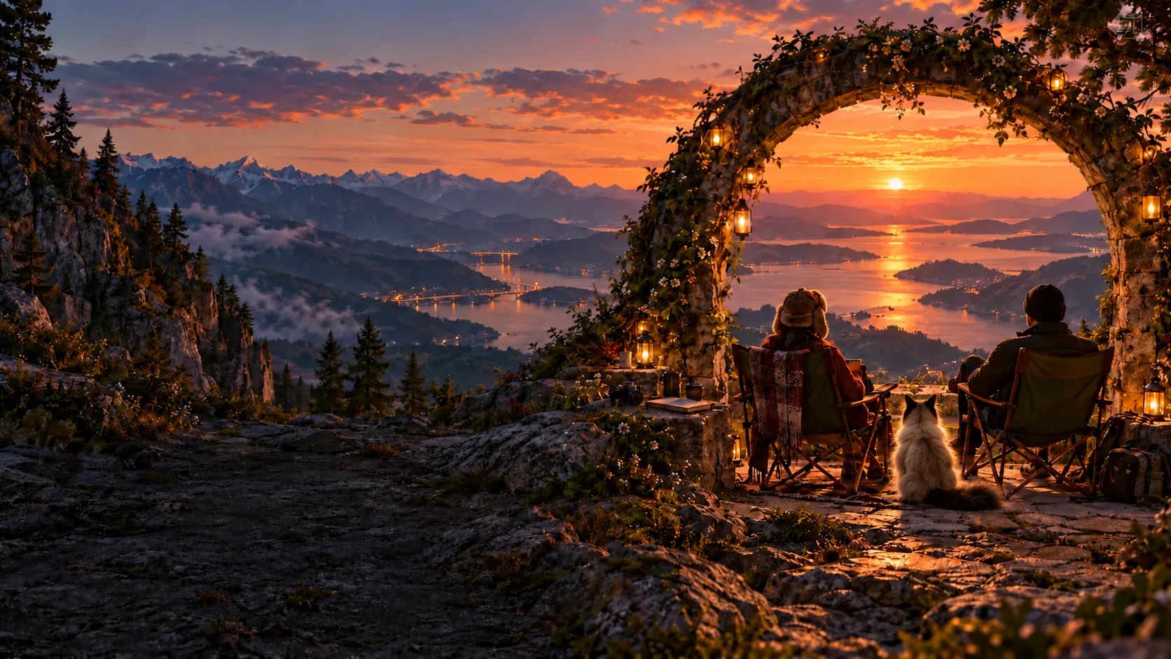 Stone arch and saved chairs overlooking the sunset valley, with Natalie, Lucas, and Belvedere nearby