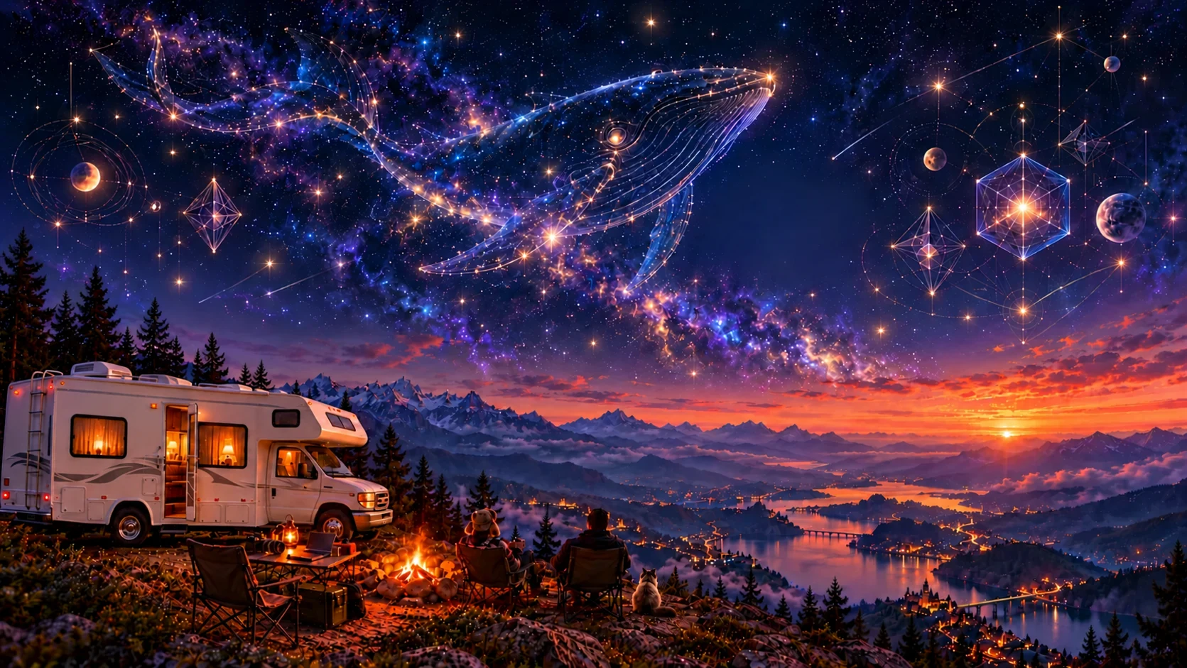 Night sky and whale constellation above the same cliff camp, with an empty guest chair beside the fire