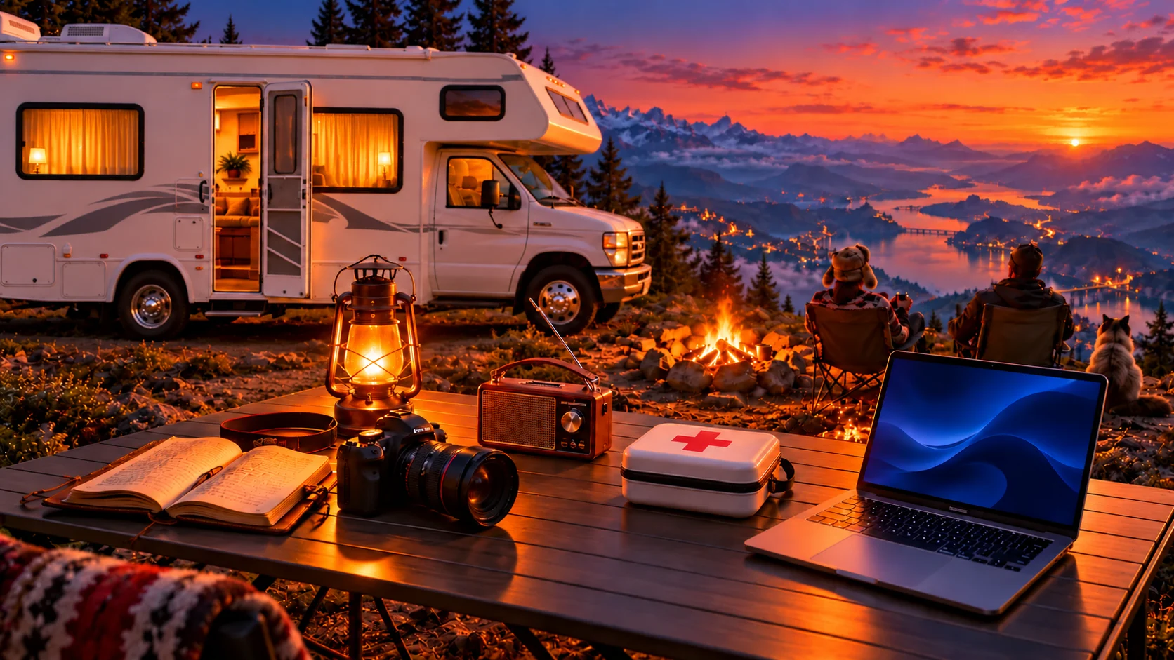 Outdoor worktable beside Sharon with a journal, camera, radio, first aid kit, and laptop overlooking the same sunset valley